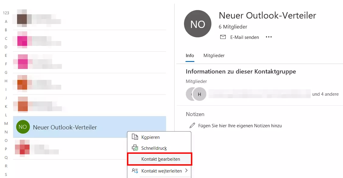 Angelegten Outlook-Verteiler bearbeiten