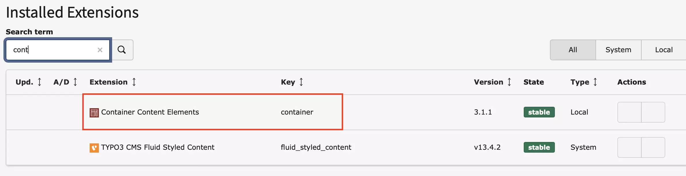 Screenshot von Container Content Elements im Typo3-Extensionmanager