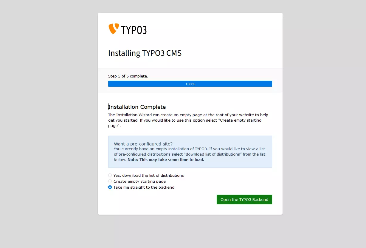 Installation von TYPO3 ist abgeschlossen