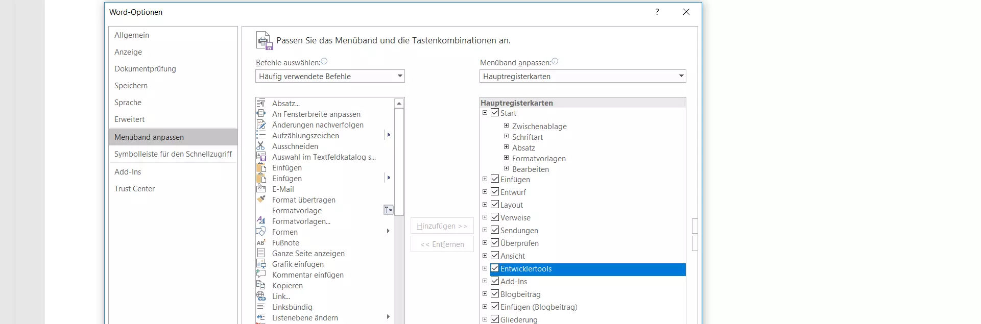 Word 2016: „Menüband anpassen“ in den Word-Optionen