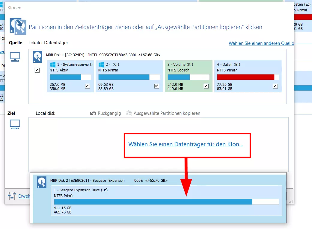 Macrium Reflect: Menü zur Auswahl der Zielfestplatte