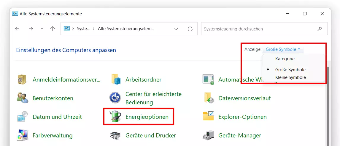 Windows-11-Systemsteuerung: Energieoptionen-Eintrag