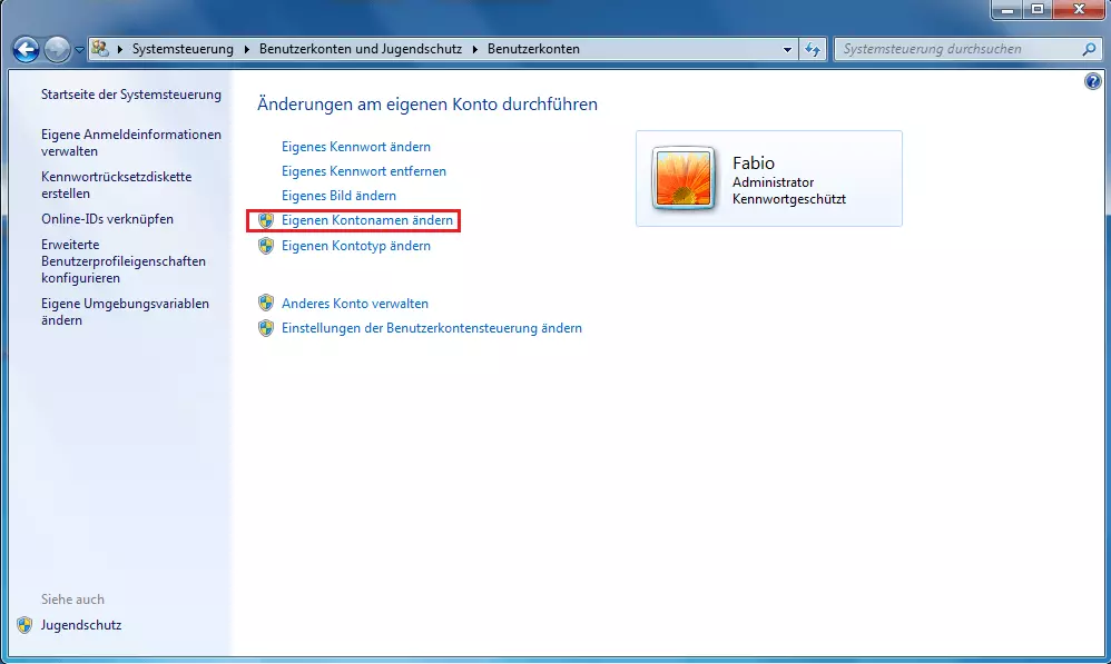 Windows 7: „Benutzerkonten“-Menü