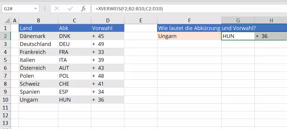 Excel: XVERWEIS-Beispiel für die Wiedergabe von zwei Werten in einer einzigen Suche