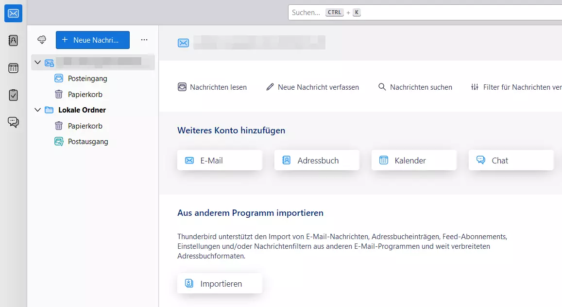 Ansicht der Startseite von Mozilla Thunderbird