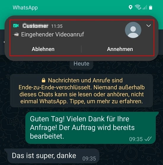 WhatsApp: „Ablehnen“ und „Annehmen“ bei einkommendem WhatsApp-Videoanruf