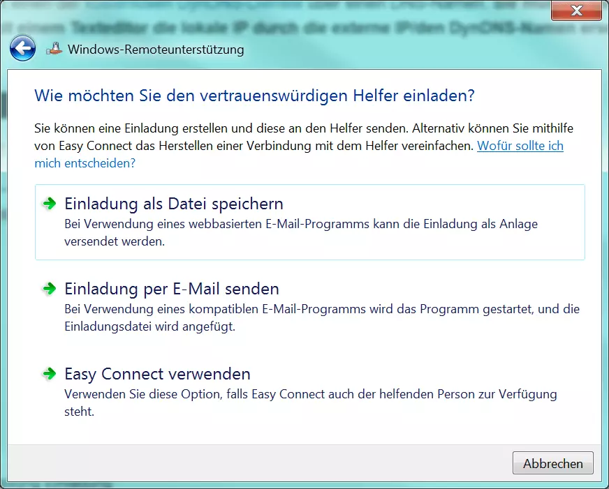 Abfragefenster, in dem Sie wählen, ob Sie die Einladung als Datei speichern, per Mail senden oder Easy Connect verwenden möchten