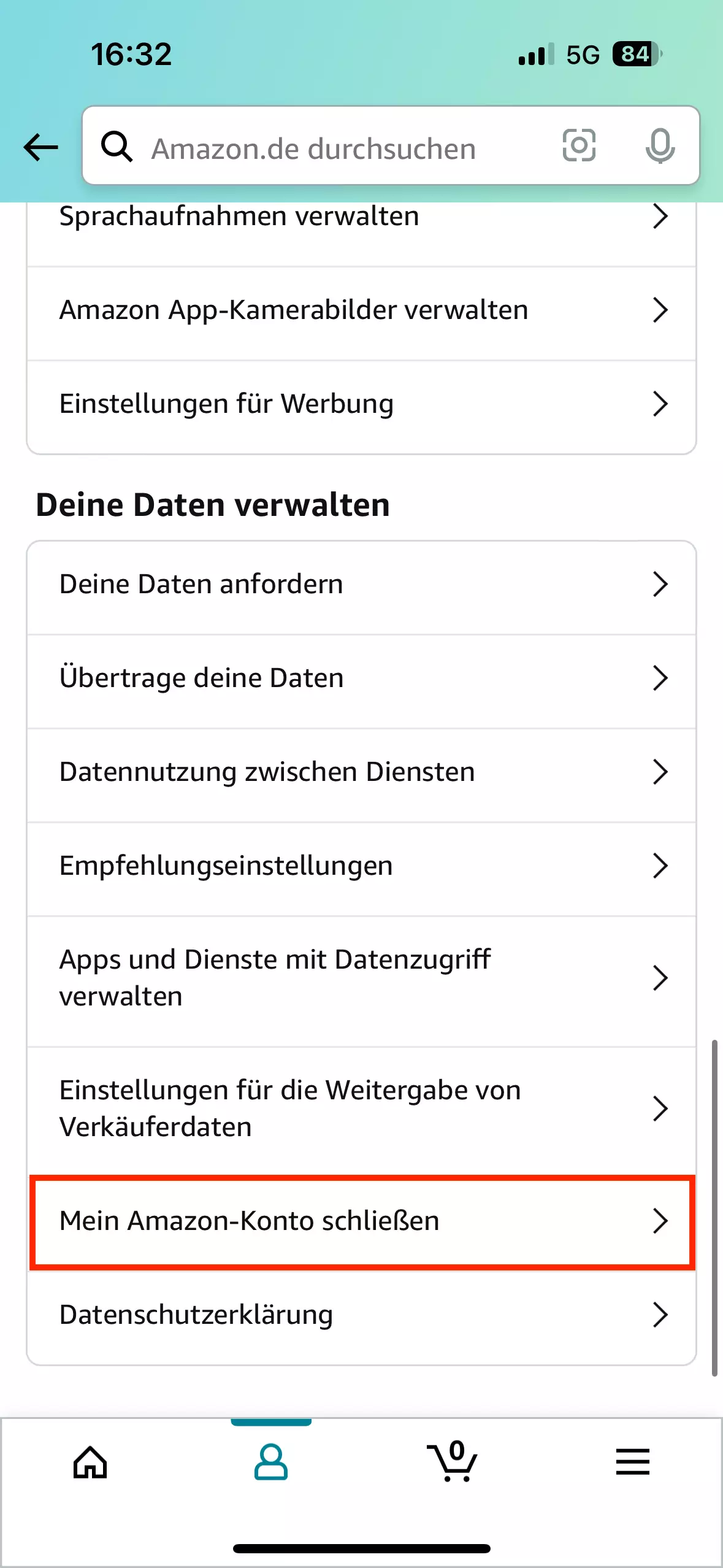 Der Weg zur Kündigung des Accounts führt über „Deine Daten verwalten“ im Menü.