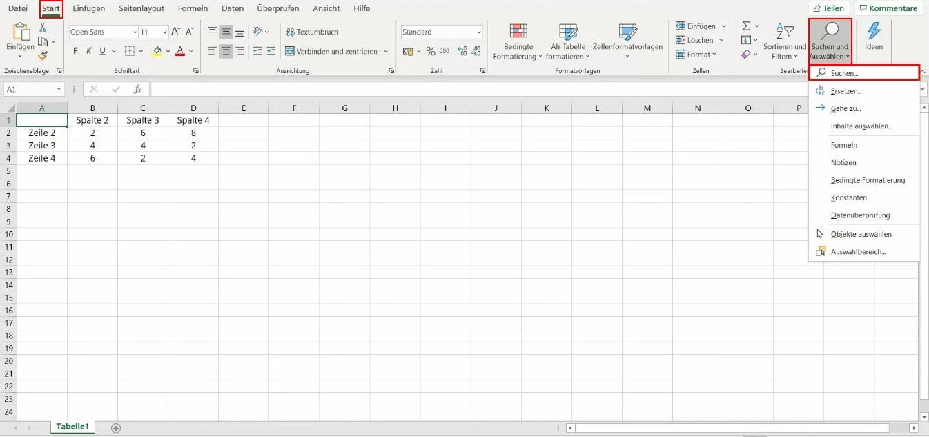 In Excel suchen und ersetzen, Zugriff über das Menü