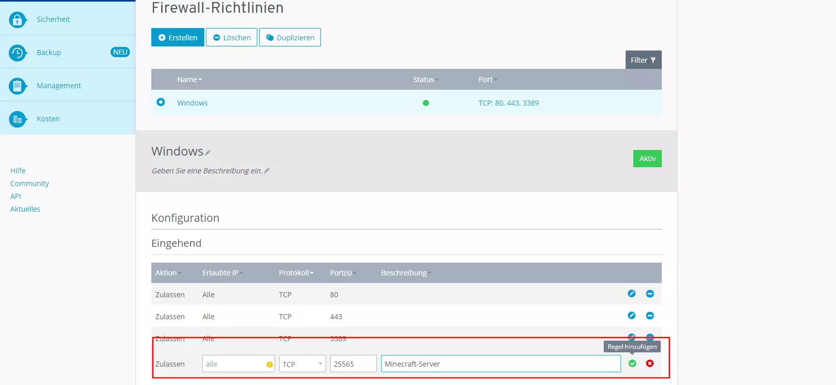 Neue Port-Regel hinzufügen im IONOS Cloud Panel