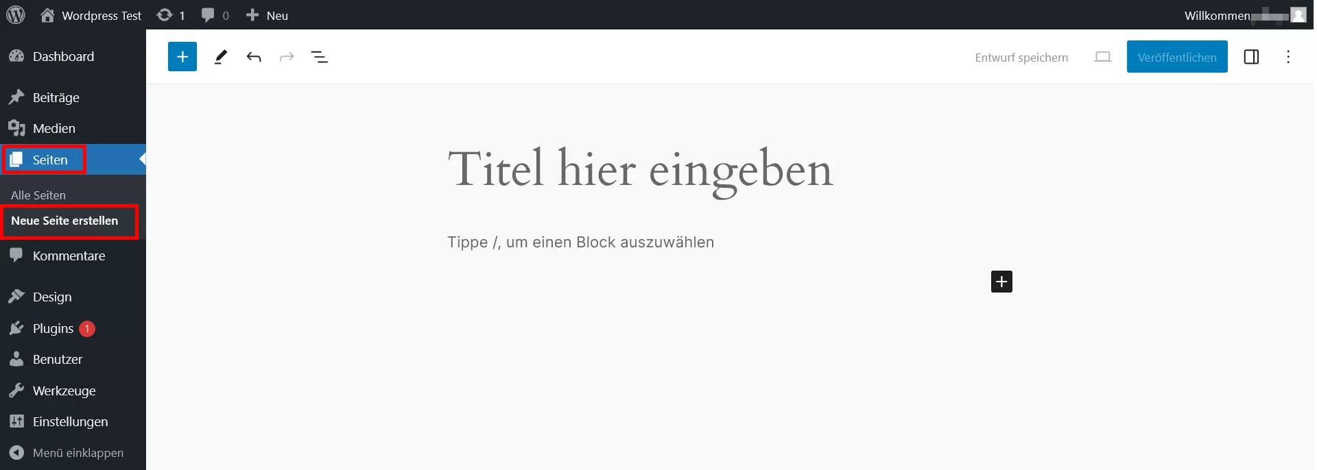 WordPress-Reiter, um neue Seite erstellen