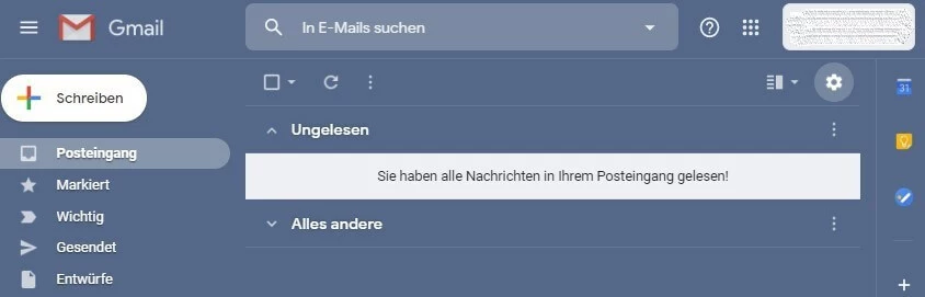 Gmail-Start-Ansicht mit Einstellungszahnrad