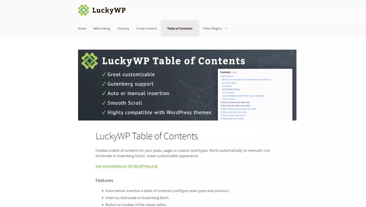 Informationsseite zu „LuckyWP Table of Contents“ auf der Entwickler-Website