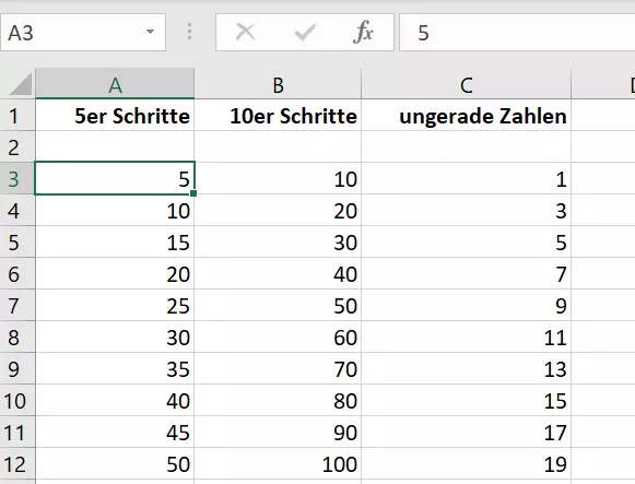 Nummerierung in verschiedenen Schritten