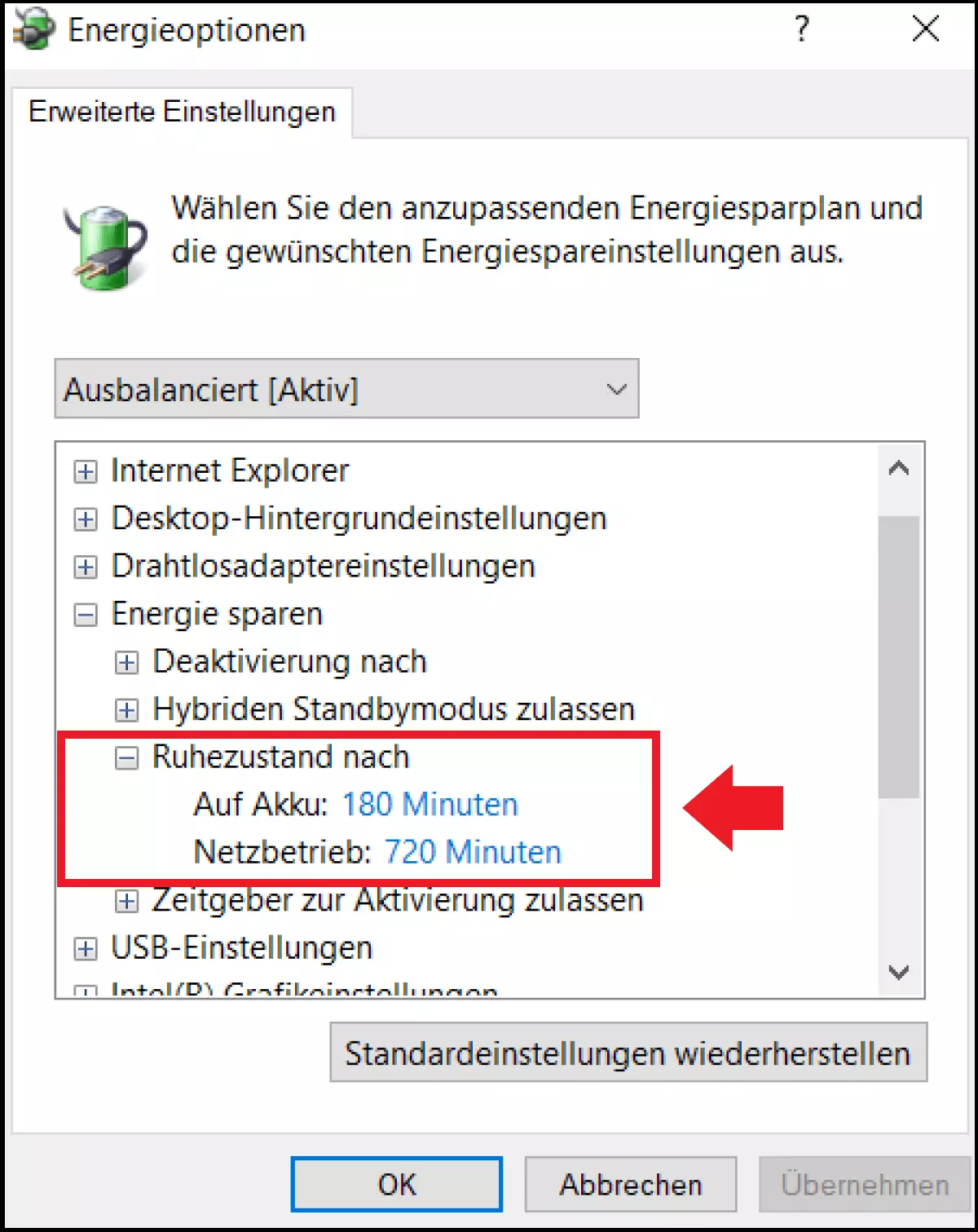 Die erweiterten Energieeinstellungen in den Windows-Energiesparoptionen