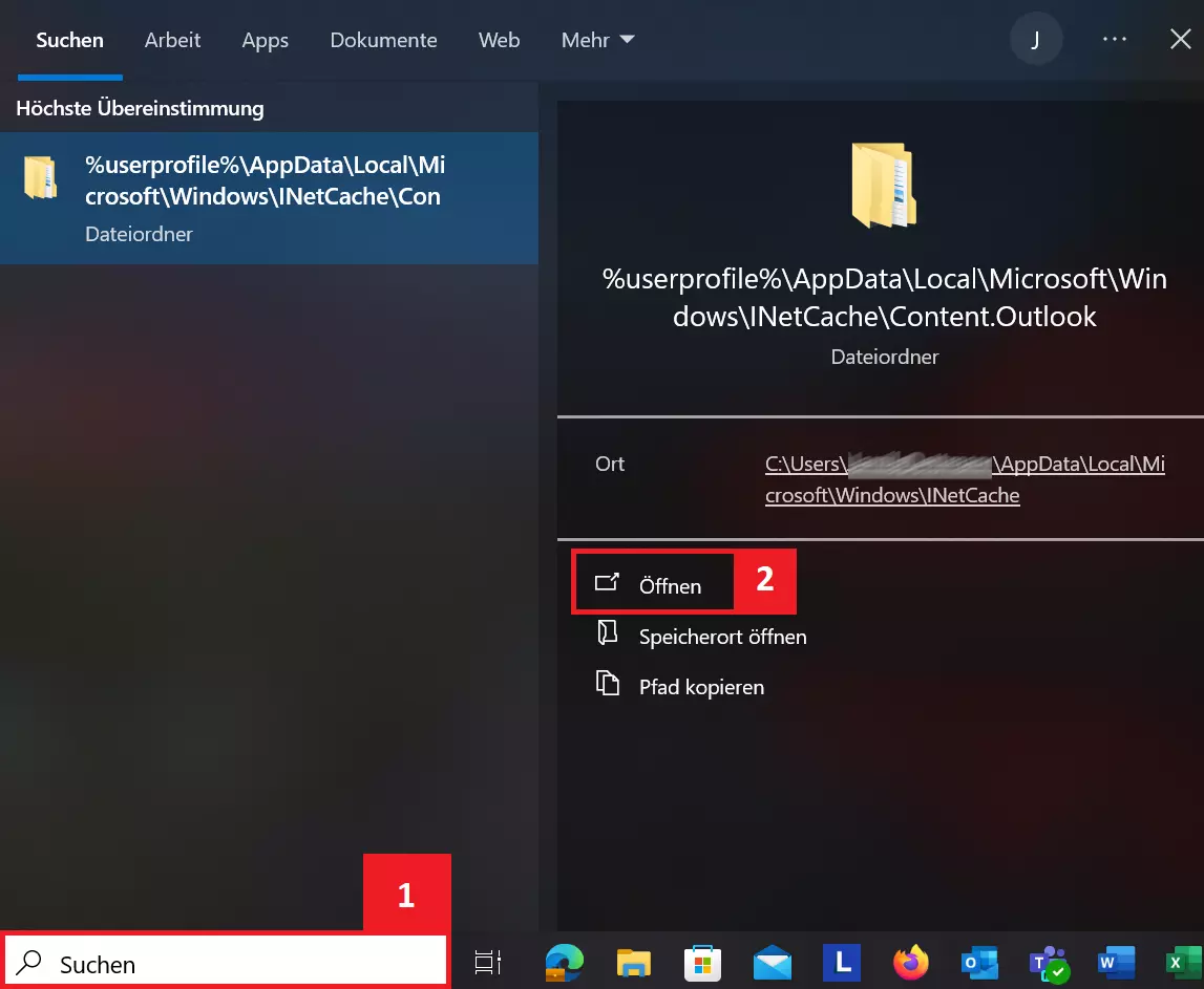 Aufruf des Outlook-Cache-Ordners