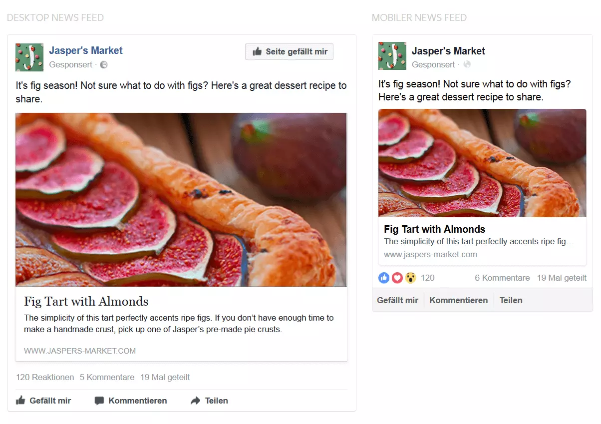 Beispiel einer Photo Ad auf Facebook im Desktop- und im mobilen News-Feed