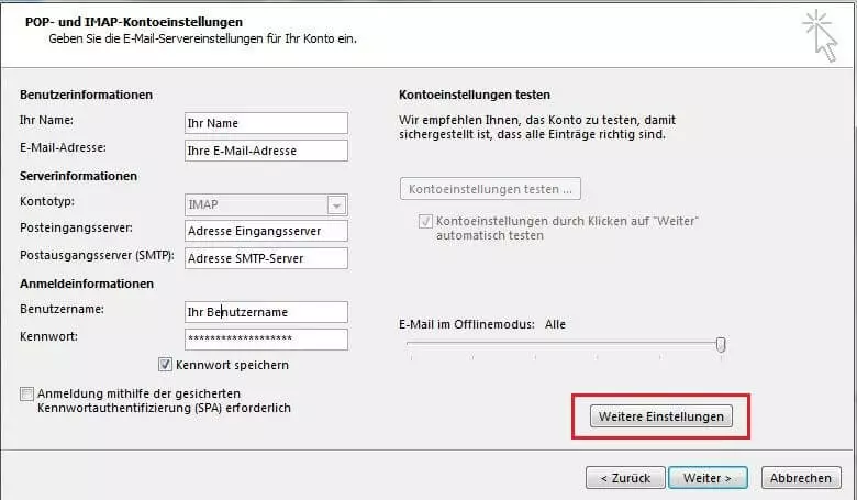 POP- und IMAP-Kontoeinstellungen