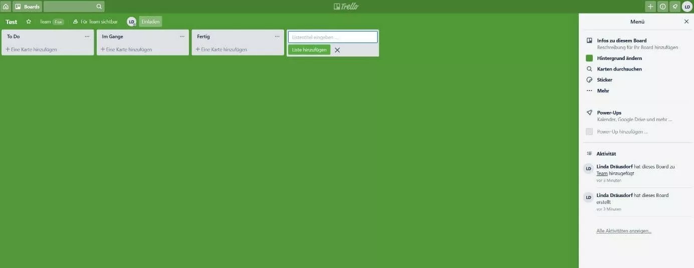 Benutzeroberfläche von Trello
