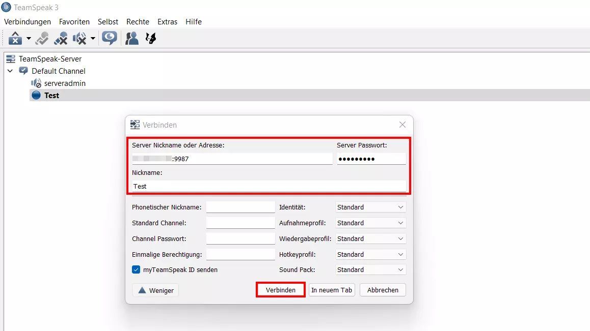Verbindungsaufbau mit dem erstellten TeamSpeak-Server
