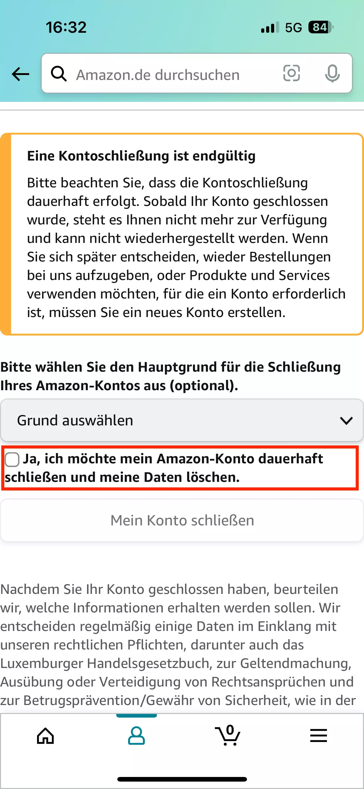 Setzen Sie das Häkchen und klicken Sie auf „Mein Konto schließen“.