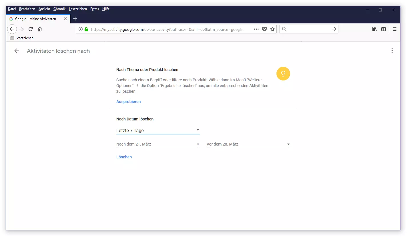 Google-Aktivitätsverlauf: Aktivitäten nach Datum löschen