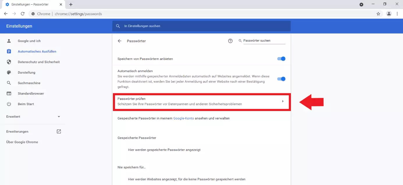 Google Chrome: Menü „Passwörter“, Funktion „Passwörter prüfen“