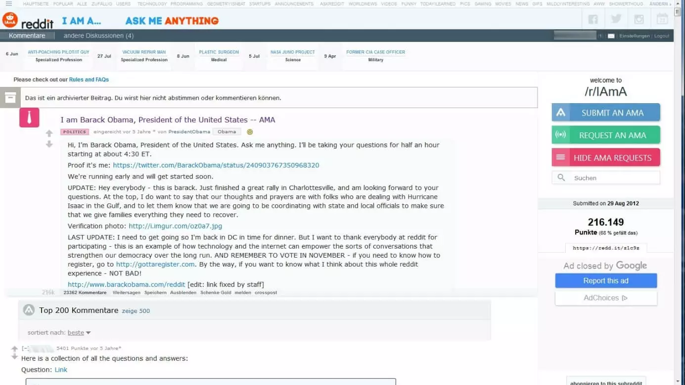 Archiviertes IAmA-Interview von Barack Obama aus dem Jahr 2012