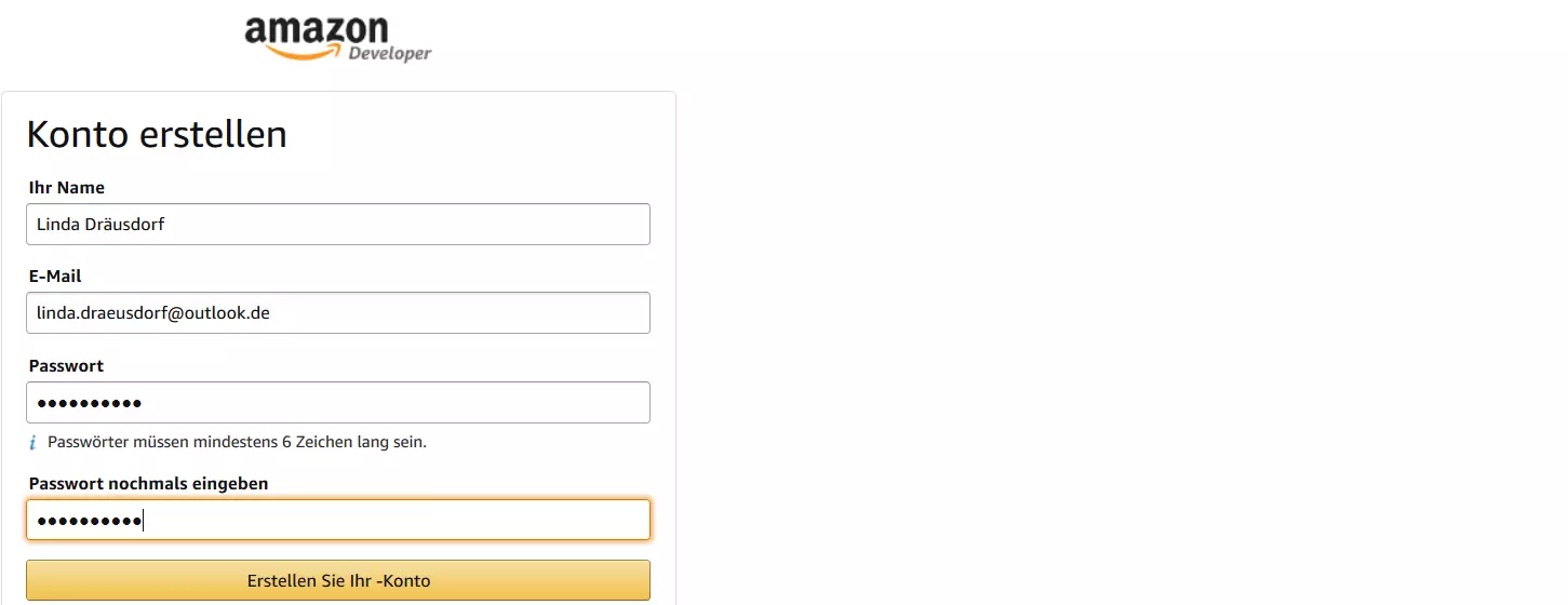 Amazon Developer: Konto erstellen