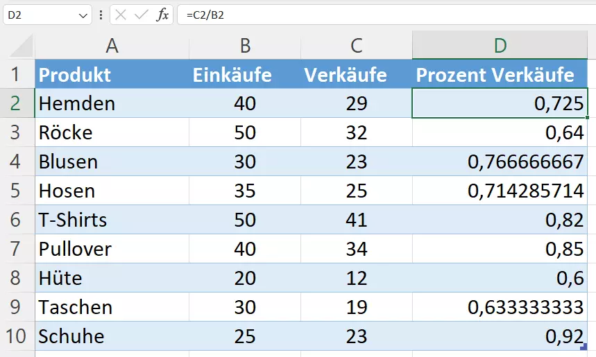 Excel-Prozentrechnung mit Dezimalzahlen