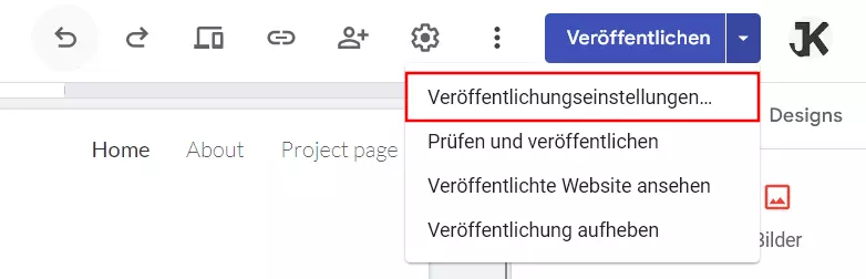 Google Sites: „Veröffentlichen“-Menü