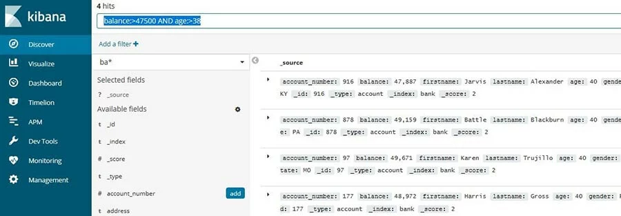 Kibana: Resultate einer Datensatz-Filterung