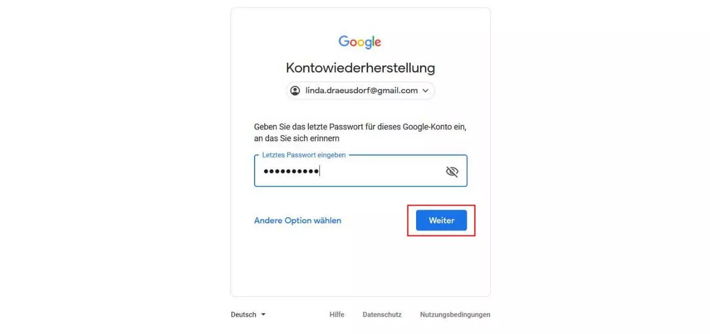 Eingabe des Passworts bei Google