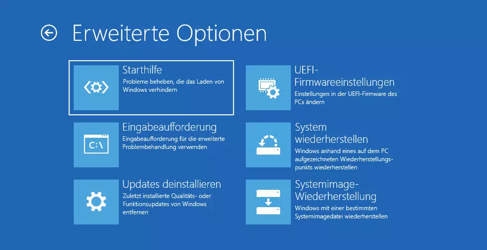 Screenshot der erweiterten Optionen in der Problembehandlungsumgebung von Windows 11