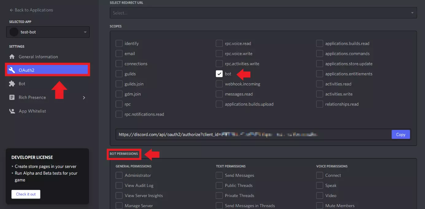 Aktivieren Sie unter „OAuth2“, das Feld „bot“ und legen Sie Bot-Berechtigungen fest