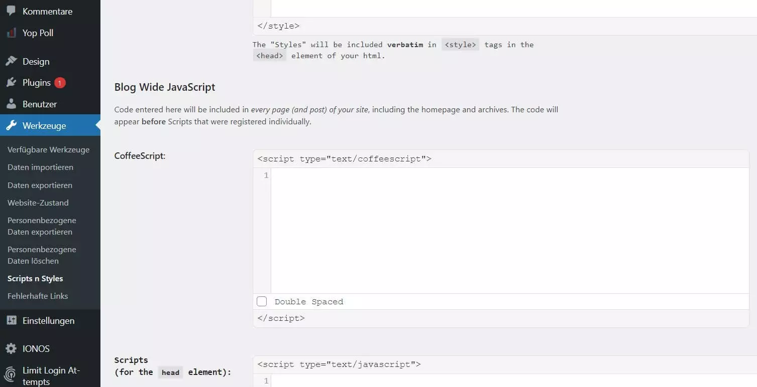 WordPress: JavaScript-Code einfügen mit dem Plugin „Scripts n Styles“