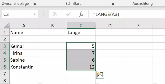 Excel: Anzahl von Zeichen mit LÄNGE prüfen