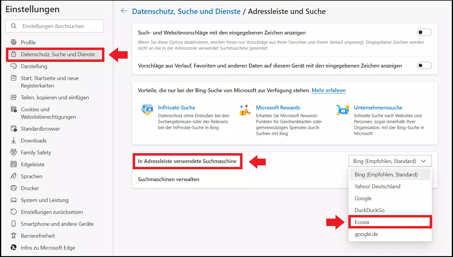 Der Edge-Menüpunkt „In Adressleiste verwendete Suchmaschine“