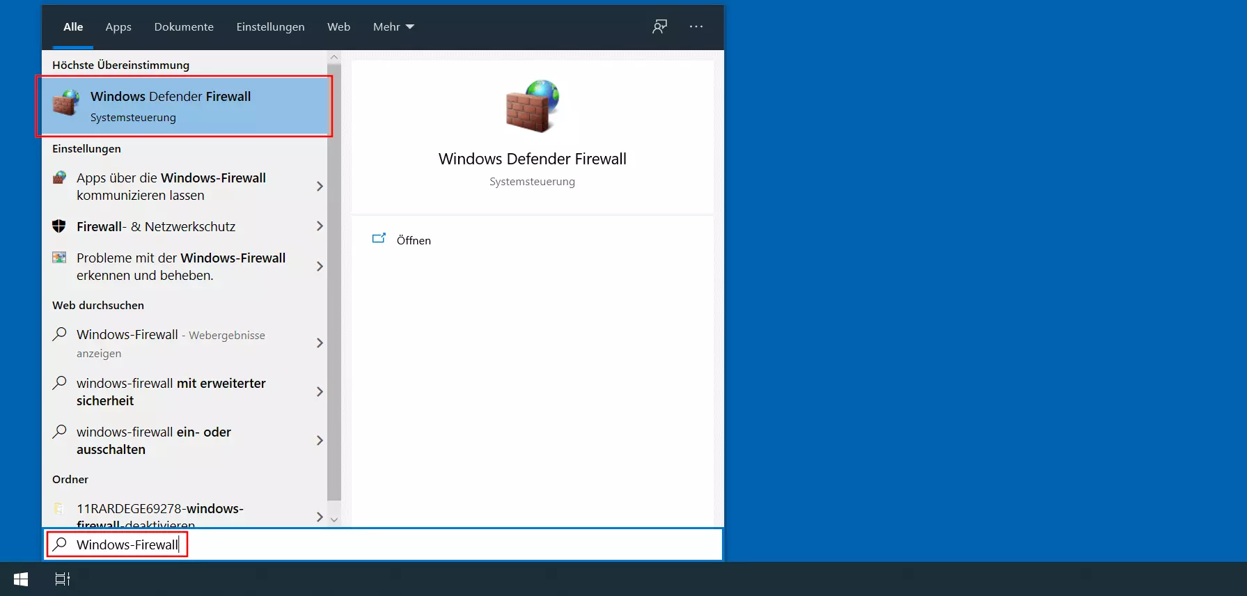 Windows 10: Suchresultat für „Windows-Firewall“