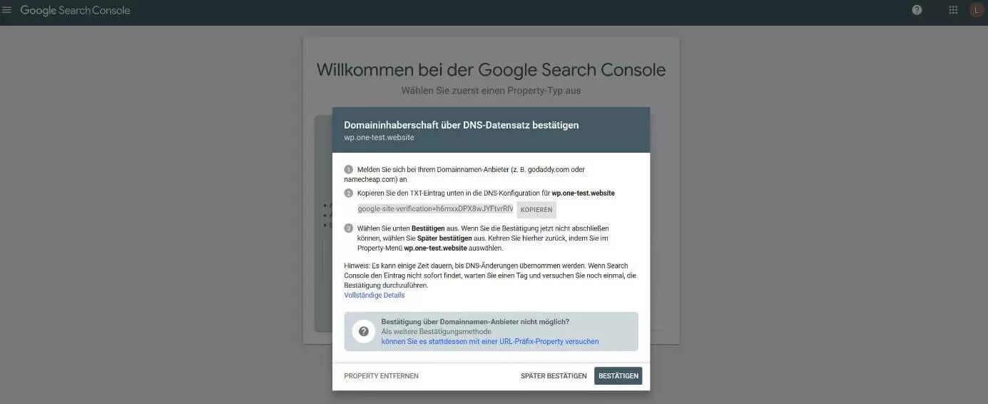 Google Search Console: Dialog „Bestätigung der Domaininhaberschaft”