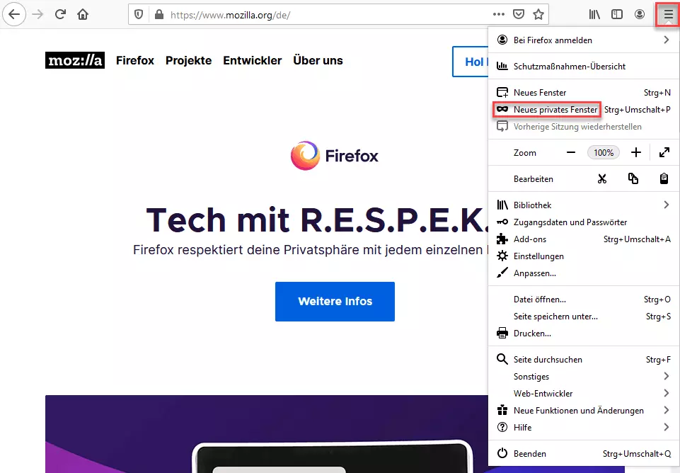 Neues privates Fenster in Mozilla Firefox aktivieren