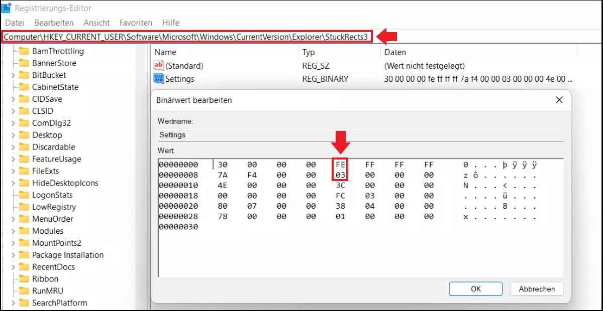 Das Registry-Untermenü „Settings“ für die Position der Taskleiste