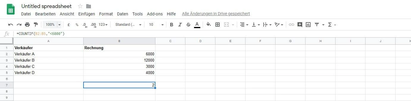 Google Tabellen: Resultat der ZÄHLENWENN-Funktion