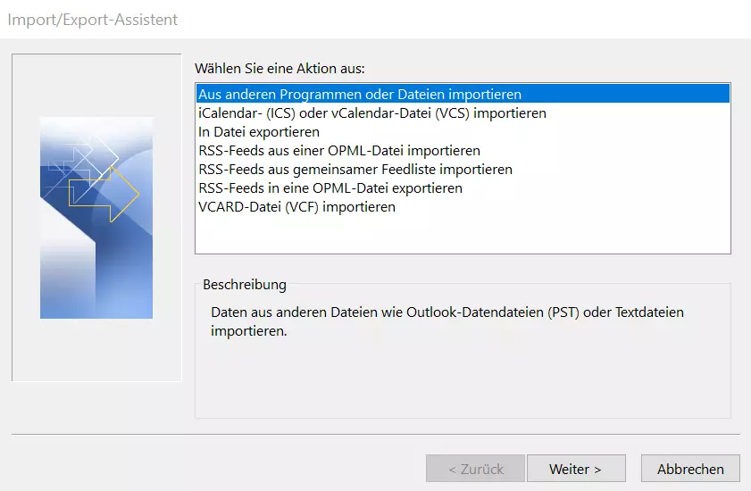 Startmenü des Import/Export-Assistenten in Outlook 365