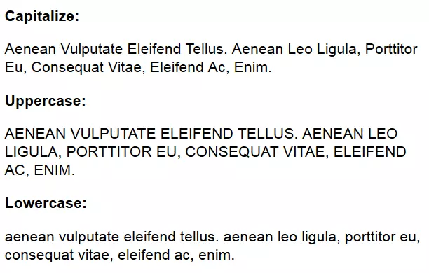 Browseransicht der CSS-Texttransformationen capitalize, uppercase, lowercase