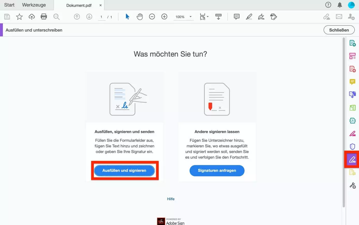 Adobe Acrobat Menü „Ausfüllen und unterschreiben“ mit Optionen