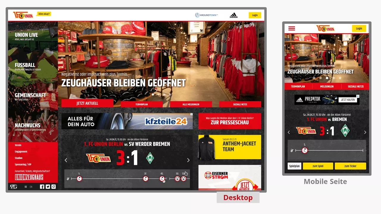 Website des Fußballvereins Union Berlin