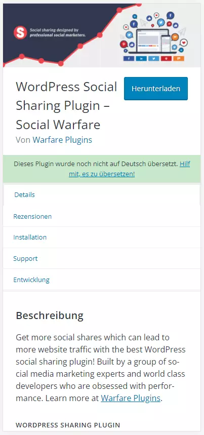 WordPress-Plugin „Social Warfare“ auf wordpress.org