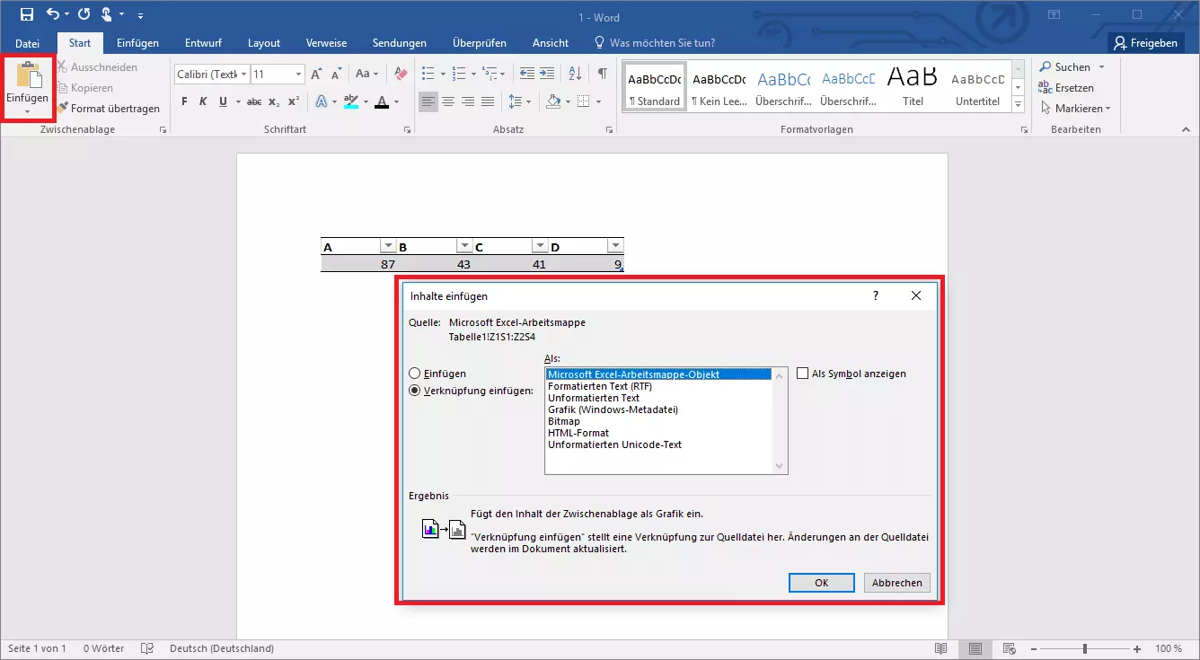 Menü zur Verknüpfung von Excel und Word