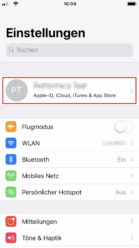 iOS: Menü „Einstellungen"